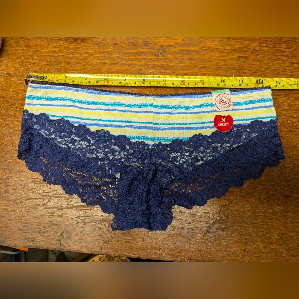 SO Medium Striped Blue, Teal & White, Blue Lace Trim Cheeky Cut Panty